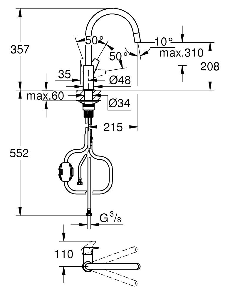 Baterie bucatarie Grohe StartEdge pipa monocomanda, pipa inalta, pivotanta, dus extractabil, cartus ceramic, limitator de temperatura, protectie anti-reflux, crom [14]