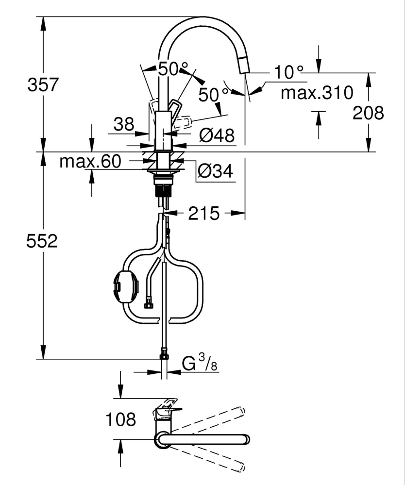 Baterie bucatarie Grohe Start loop pipa tip C, monocomanda, cartus ceramic, pipa inalta, tip C, dus extractabil, pipa pivotanta, limitator de debit, protectie anti-reflux, ma, negru [3]