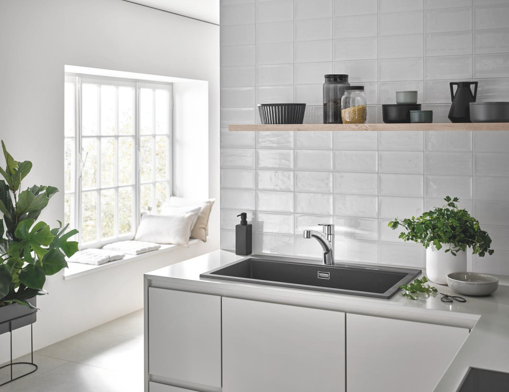 Baterie bucatarie Grohe Start pipa joasa, monocomanda, pipa tip L, pipa joasa, pivotanta, cartus ceramic, dus extractabil, crom [6]