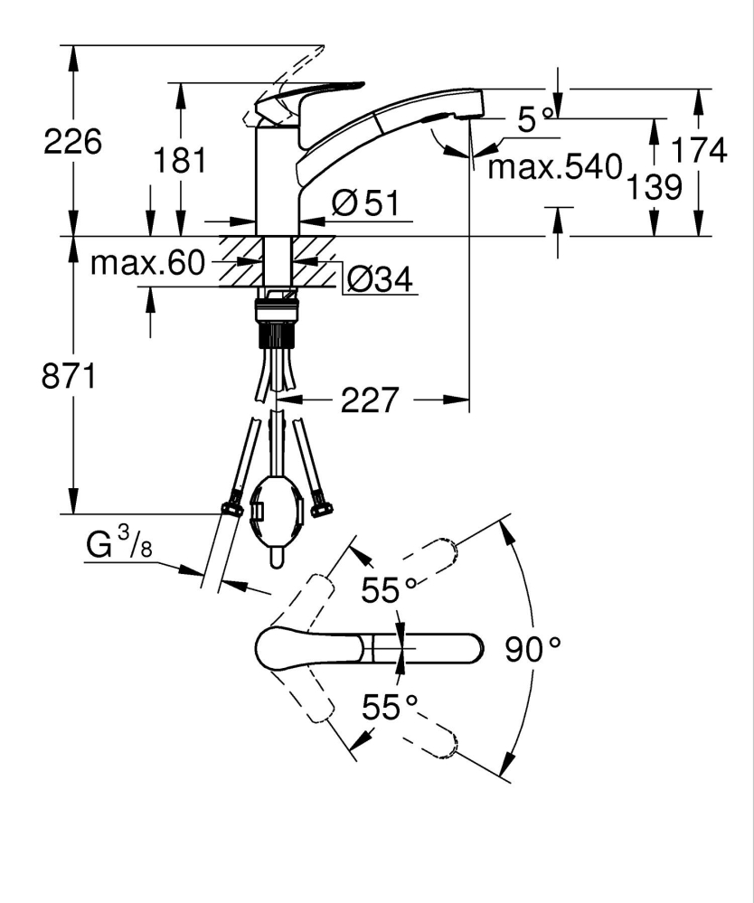 Baterie bucatarie Grohe Start pipa joasa, monocomanda, pipa tip L, pipa joasa, pivotanta, cartus ceramic, dus extractabil, crom [3]