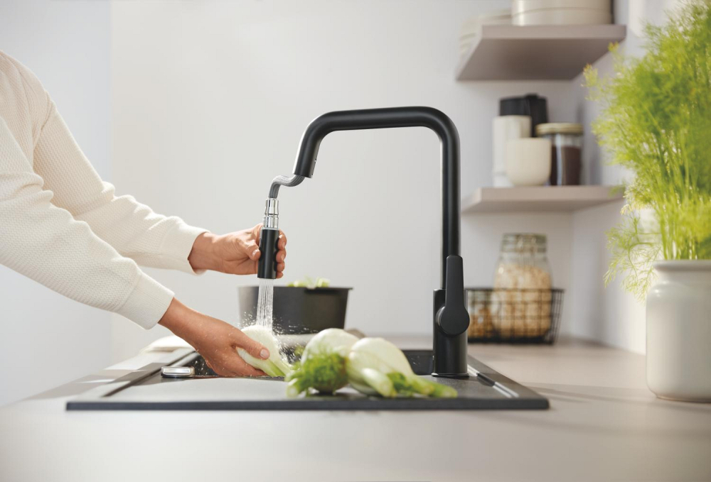 Baterie bucatarie Grohe Start, pipa tip U 2 functii, monocomanda, cartus ceramic, pipa inalta, pipa tip L, 2 functii, limitator temperatura, pivotanta, dus extractabil, negru [2]