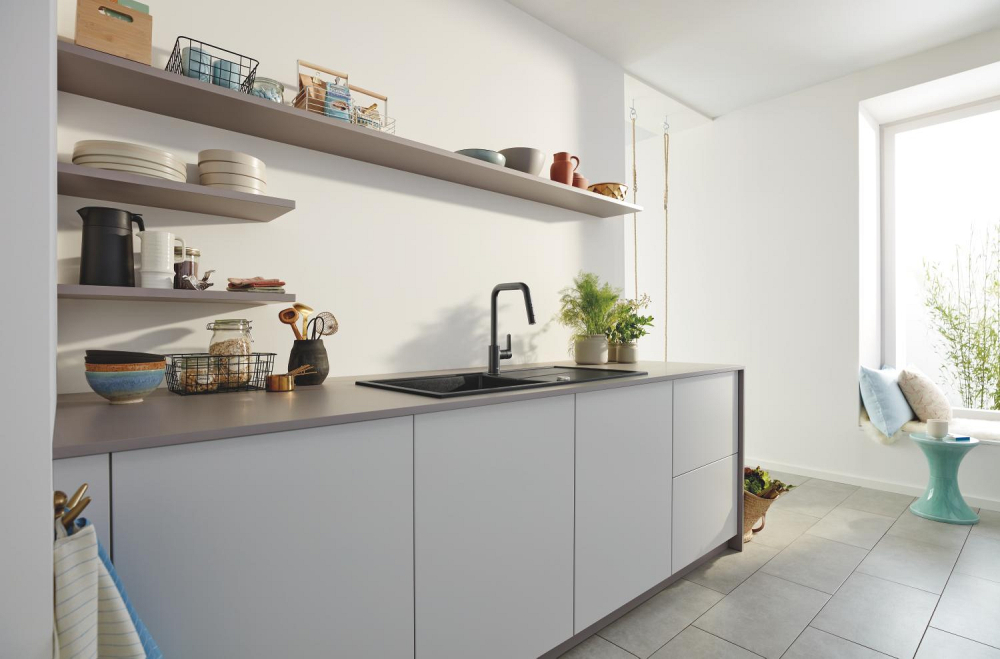 Baterie bucatarie Grohe Start, pipa tip U 2 functii, monocomanda, cartus ceramic, pipa inalta, pipa tip L, 2 functii, limitator temperatura, pivotanta, dus extractabil, negru [5]