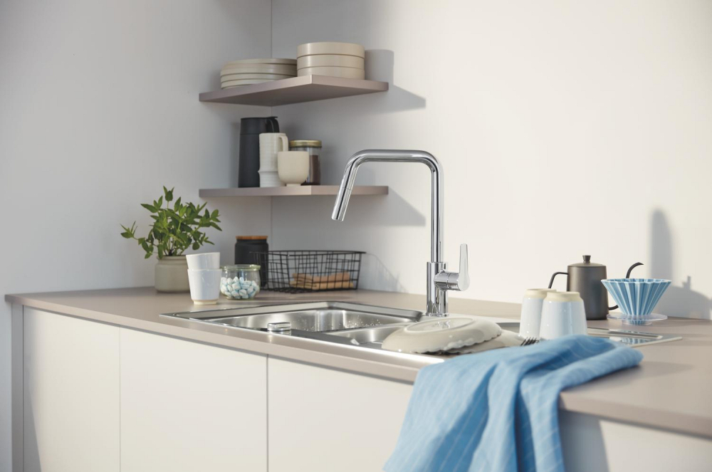 Baterie bucatarie Grohe Start, pipa tip U 2 functii, monocomanda, cartus ceramic, pipa inalta, pipa tip L, 2 functii, limitator temperatura, pivotanta, dus extractabil, crom [3]