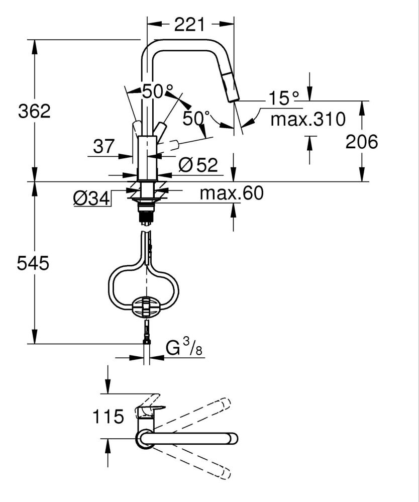 Baterie bucatarie Grohe Start, pipa tip U 2 functii, monocomanda, cartus ceramic, pipa inalta, pipa tip L, 2 functii, limitator temperatura, pivotanta, dus extractabil, negru [4]