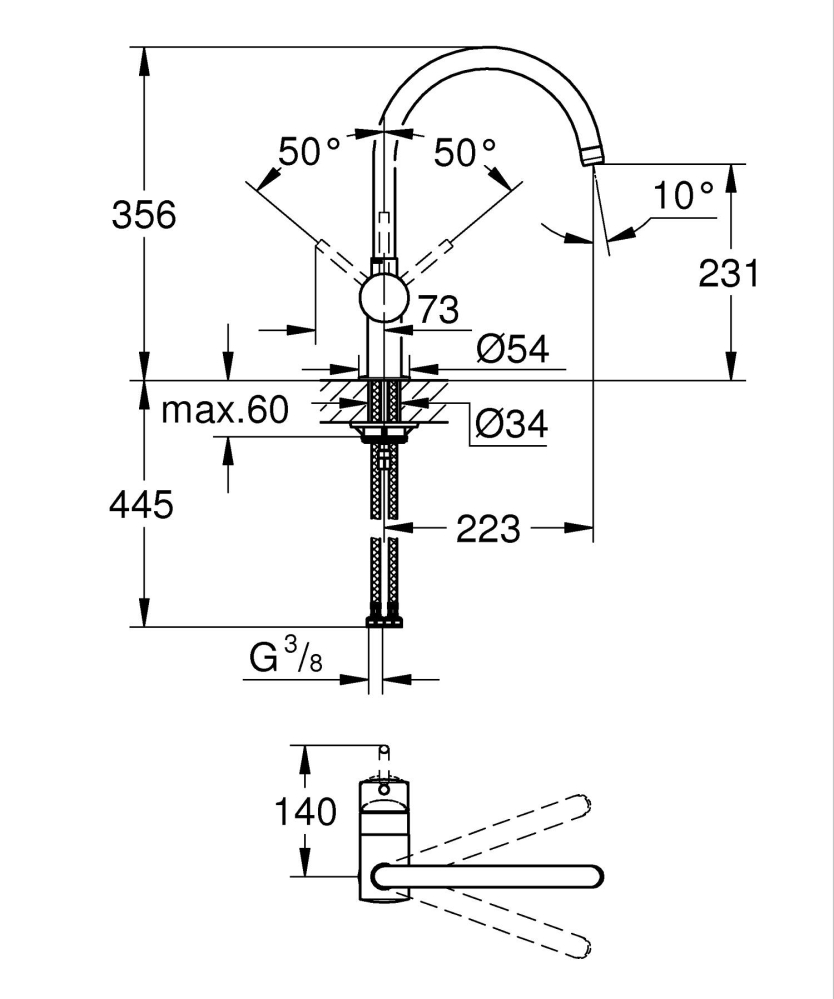 Baterie bucatarie Grohe Vento, pipa pipa inalta, monocomanda, cartus ceramic, crom [2]