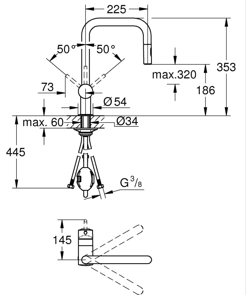 Baterie bucatarie Grohe Vento pipa tip U 2 functii, monocomanda, pivotanta, cartus ceramic, limitator de temperatura, dus extractabil, crom [3]