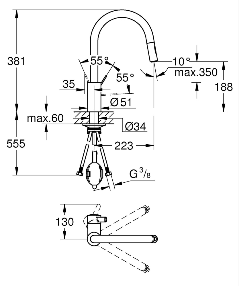 Baterie bucatarie Grohe Via Cosmo pipa tip C 2 functii, monocomanda, pipa inalta, cartus ceramic, dus extractabil, pivotanta, limitator de debit, crom [5]