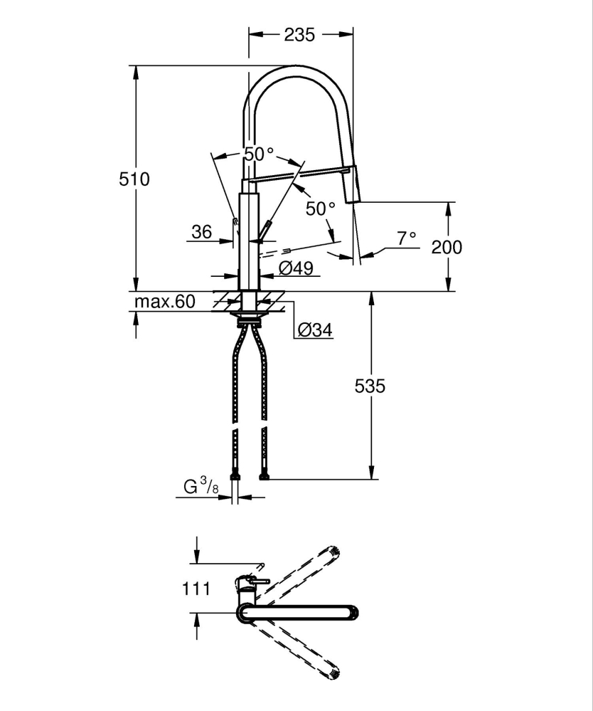 Baterie bucatarie Grohe Viamo Sink dus profesional, monocomanda, pivotanta, cartus ceramic, pipa tip U, limitator de temperatura, dus extractabil, crom [3]