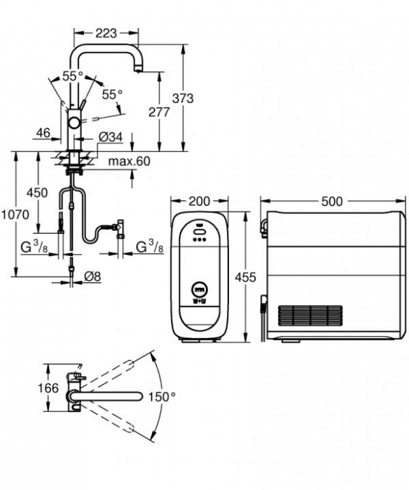 Baterie bucatarie monocomanda sistem de filtrare apa racire apa si apa carbogazoasa 3 nivele mineralizare cartus ceramic pipa tip U pivotanta 150 Grohe Blue Home [3]