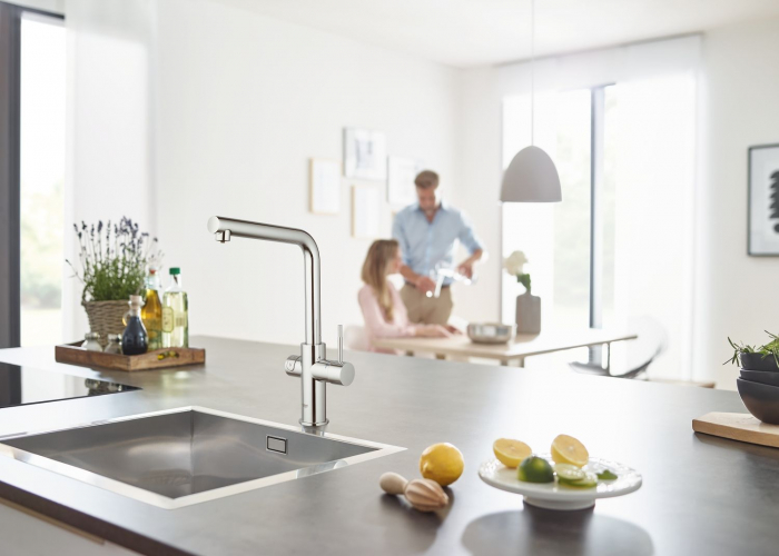 Baterie bucatarie monocomanda sistem de filtrare apa racire apa si apa carbogazoasa 3 nivele mineralizare cartus ceramic pipa tip L pivotanta 150 Grohe Blue Home [2]