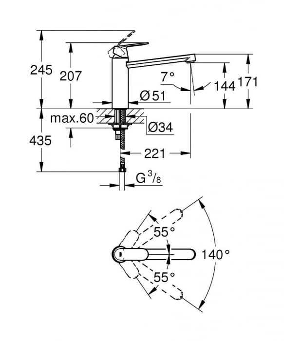 Baterie bucatarie monocomanda 1/2 cartus ceramic pipa medie pivotanta 140 limitator debit Crom Grohe Eurosmart Cosmopolitan [3]
