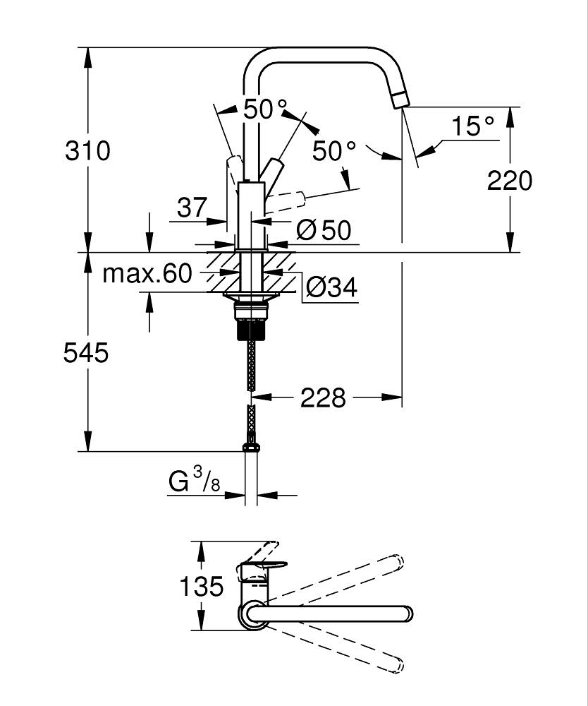Baterie bucatarie Grohe Start, pipa tip U, pipa inalta, marime l, montare pe blat, monocomanda, cartus ceramic, pipa pivotanta, negru [13]