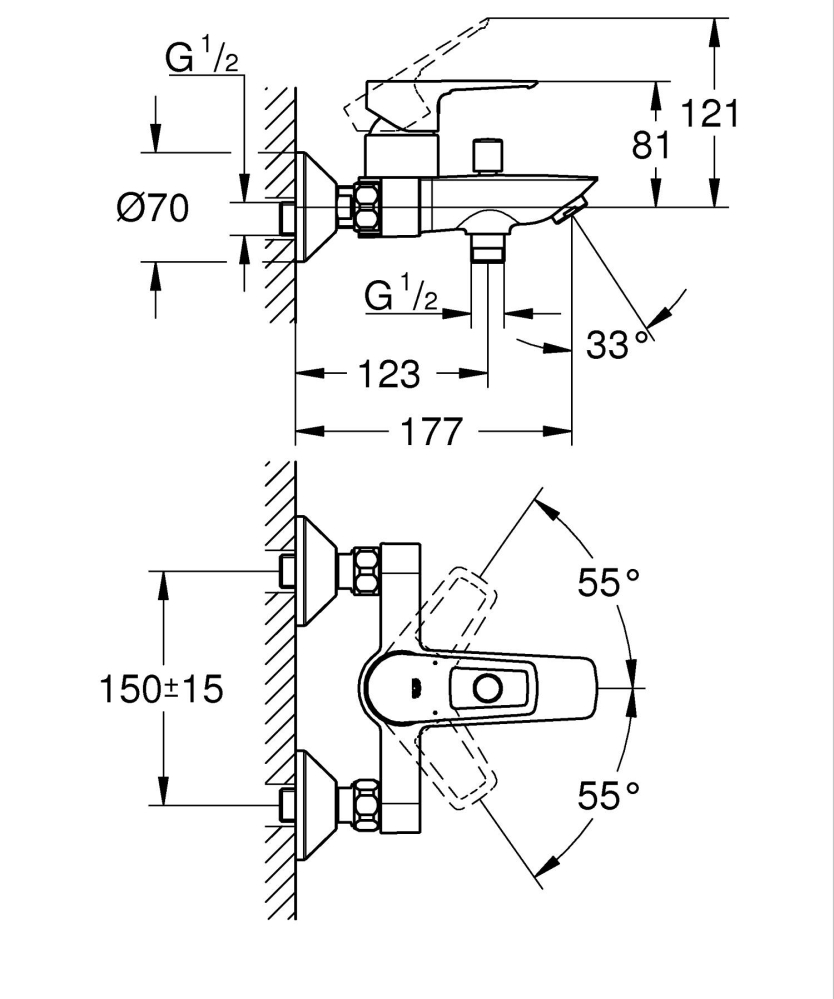 Baterie cada Grohe BauLoop, montare pe perete, cartus ceramic, diverter, limitator de temperatura, crom [3]