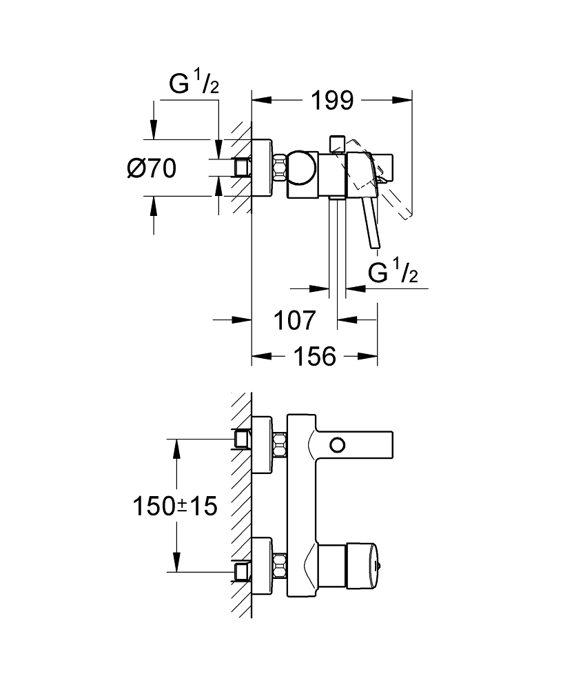 Baterie cada Grohe Concetto 1/2", montare pe perete, diverter automat, protectie reflux, monocomanda, crom [3]