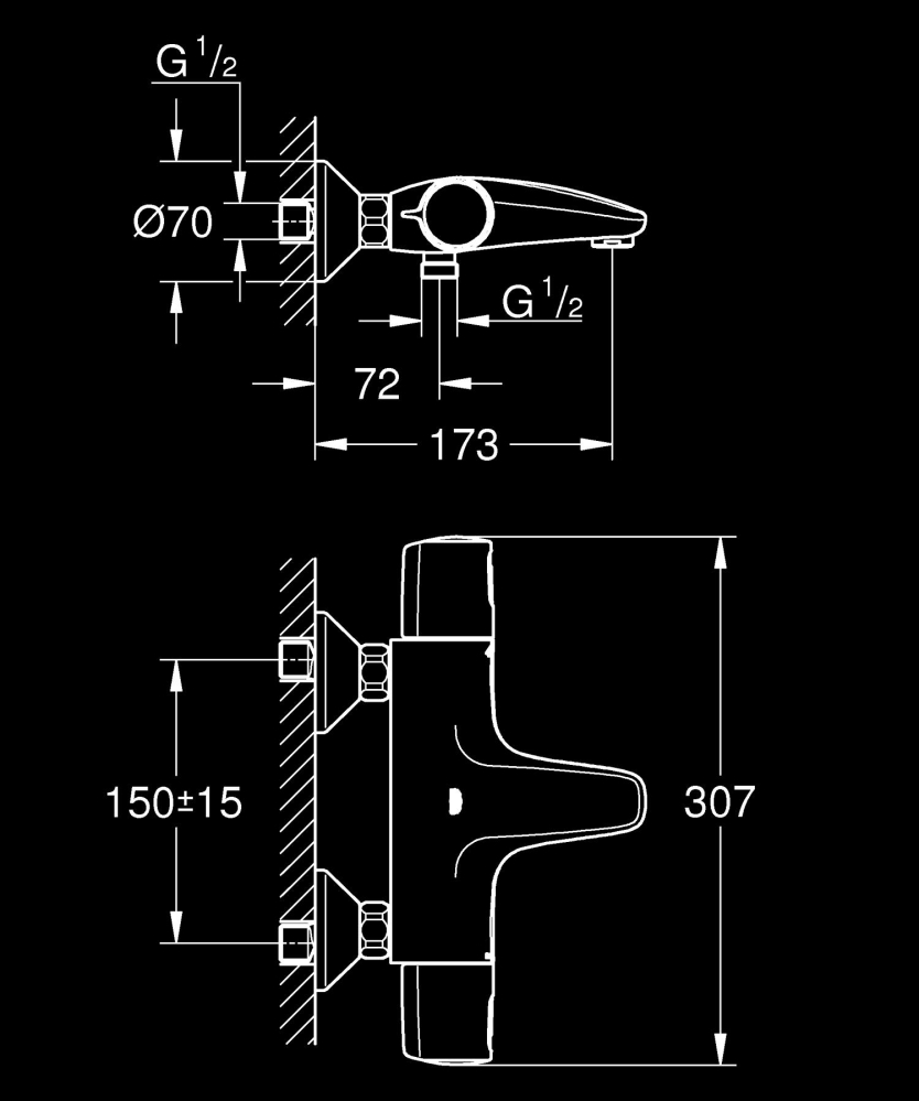 Baterie cada cu termostat Grohe Precision trend 1/2", montaj pe perete, suprafara cartus ceramic, limitator debit, diverter, crom [2]