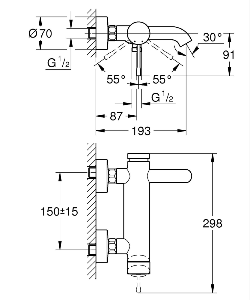 Baterie cada Grohe Essence New 1/2", monocomanda, diverter, montaj pe perete, cartus ceramic, filtru impuritati, limitator temperatura, auriu mat [2]