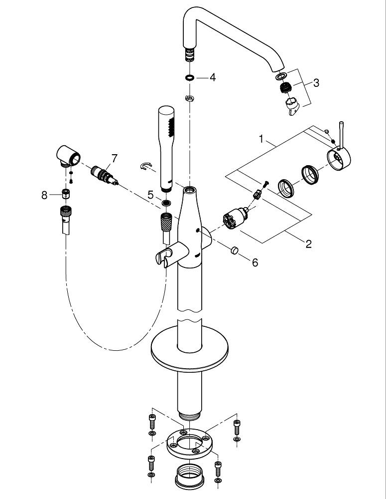 Baterie cada Grohe Essence New pipa tip U montare pe podea, 1/2"'', monocomanda, include set de dus, pivotanta, o pulverizare, necesita corp instalare, crom [2]
