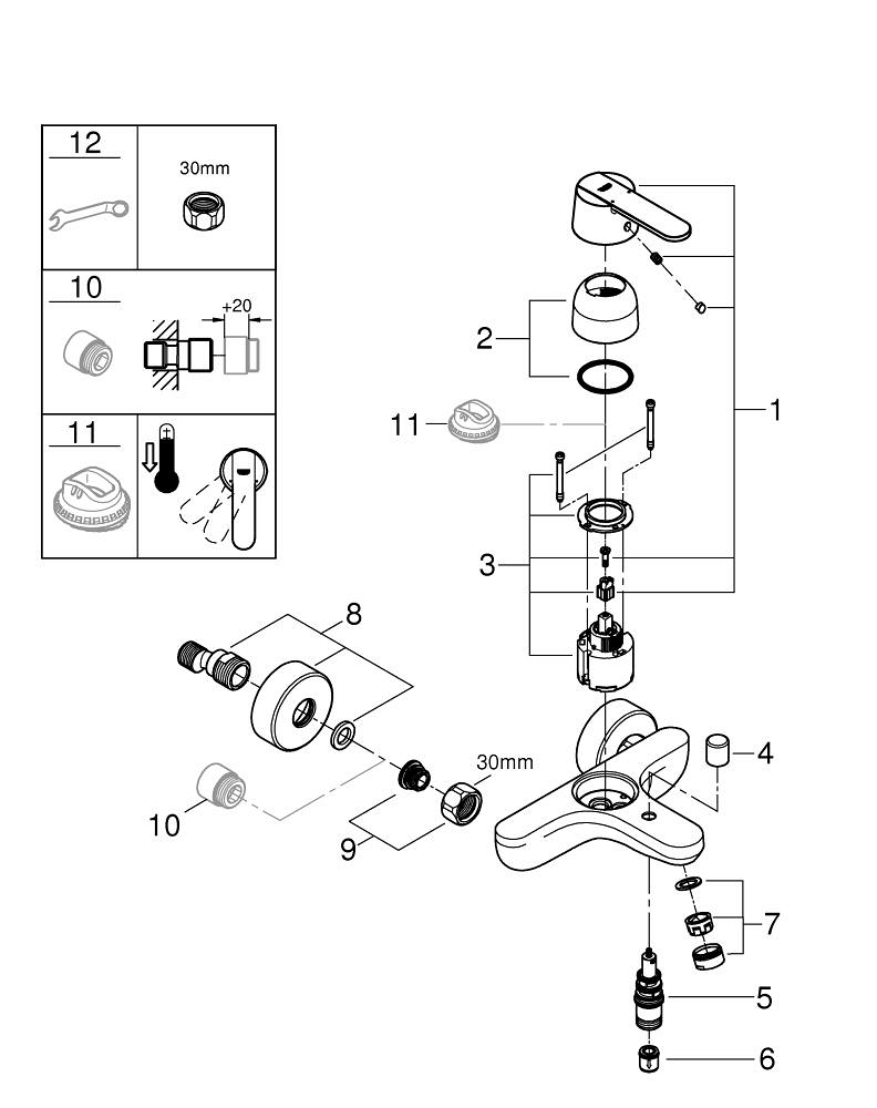 Baterie cada Grohe Get aparenta, monocomanda, diverter, aerator, limitator, crom [8]