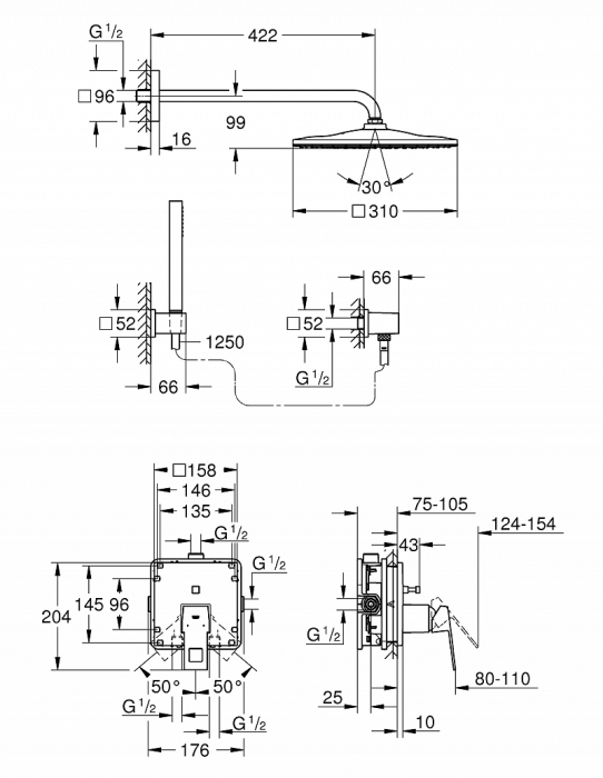 Sistem dus montaj incastrat para dus 31 cm corp incastrat inclus Grohe Cube Perfect Shower [5]