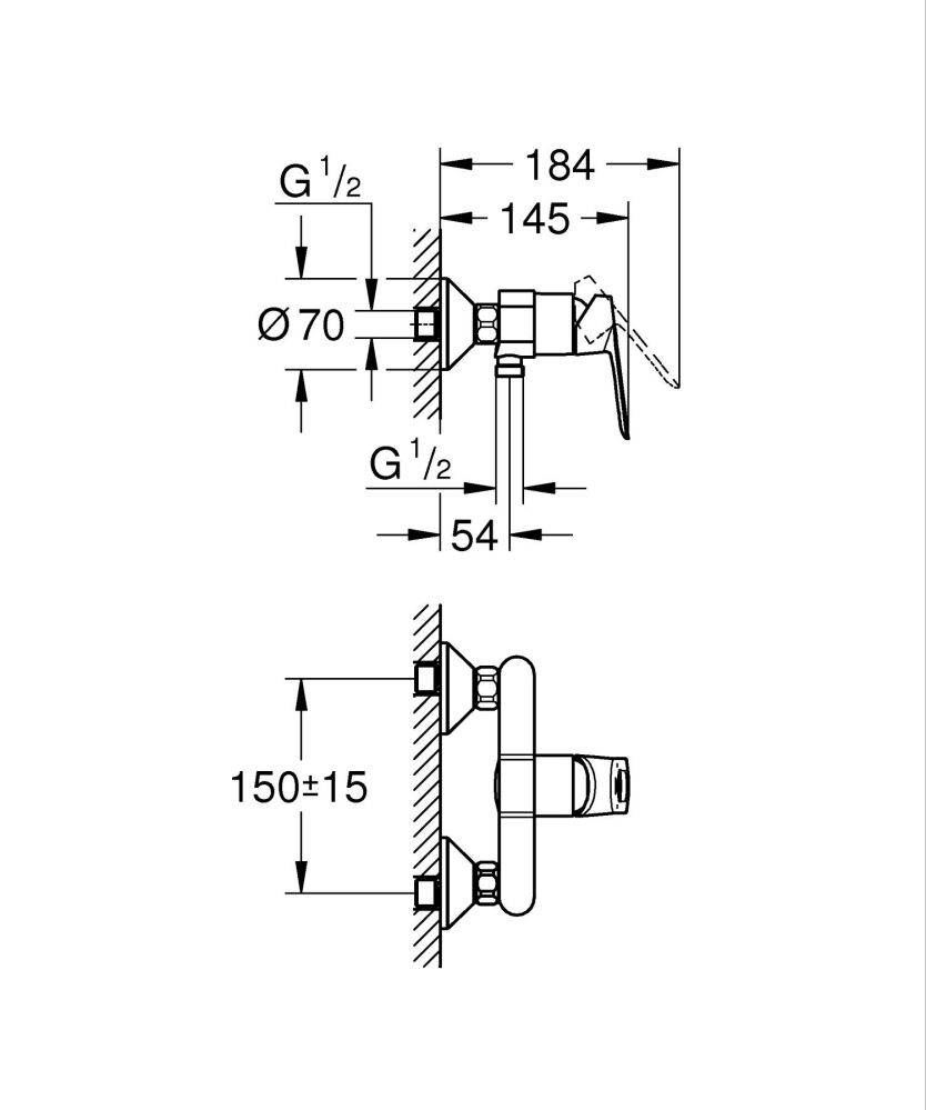 Baterie dus Grohe BauLoop 1/2", montare pe perete, monocomanda, cartus ceramic, crom [2]