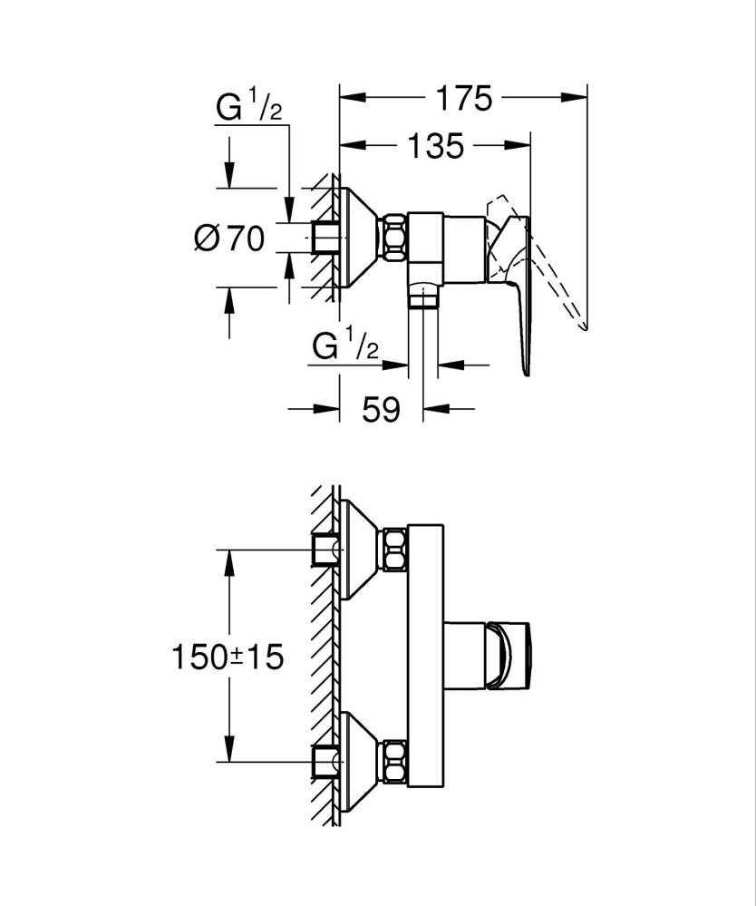 Baterie dus Grohe StartEdge montare pe perete, monocomanda, cartus ceramic, limitator de debit, crom [4]