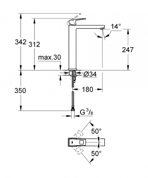 Baterie lavoar inalta montare blat cromata furtunuri flexibile Grohe Eurocube [5]