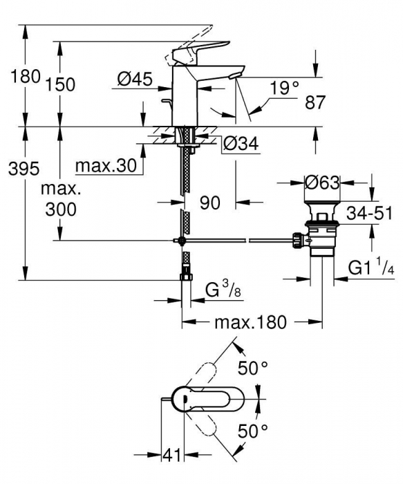 Baterie lavoar marimea S furtune flexibile cromata Grohe Bau Edge [2]