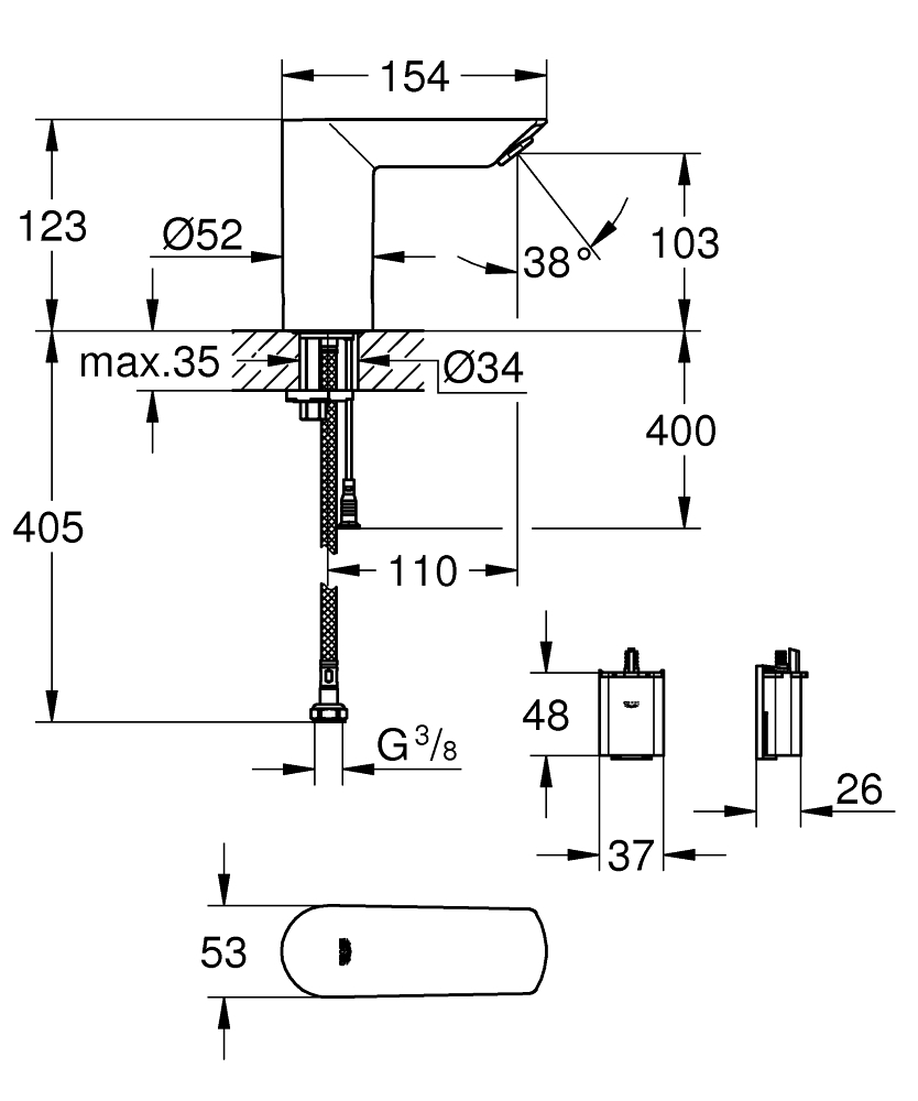 Baterie lavoar cu senzor infrarosu Grohe Bau Cosmopolitan E baterie 6V, fara mixare apa, 7 programare, program dezinfectie, crom [3]