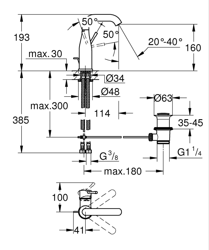 Baterie lavoar Grohe Essence M 1/2" monocomanda, levier metalic, cartus ceramic, limitator temperatura, limitator de debit, evacuare cu apasare, auriu mat [2]