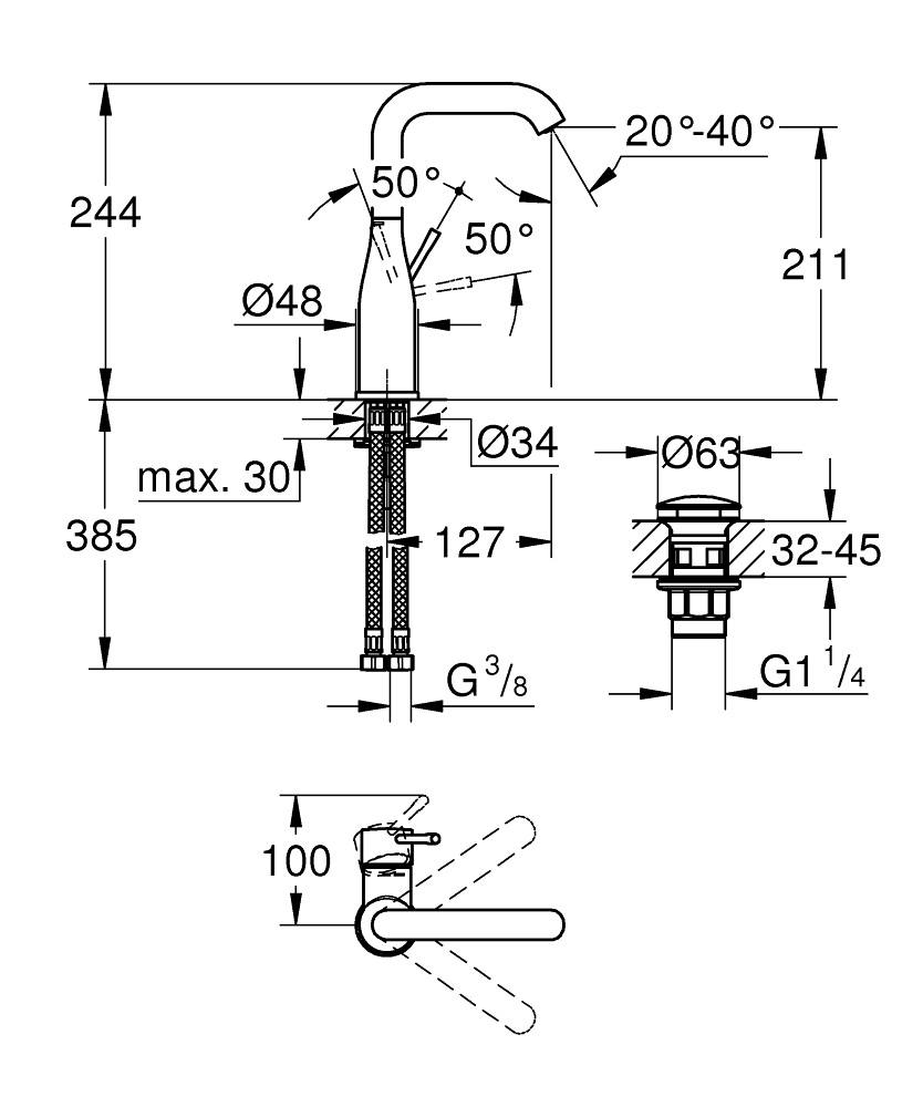 Baterie lavoar Grohe Essence New L monocomanda, pivotanta, set evacuare cu cu apasare, crom [3]