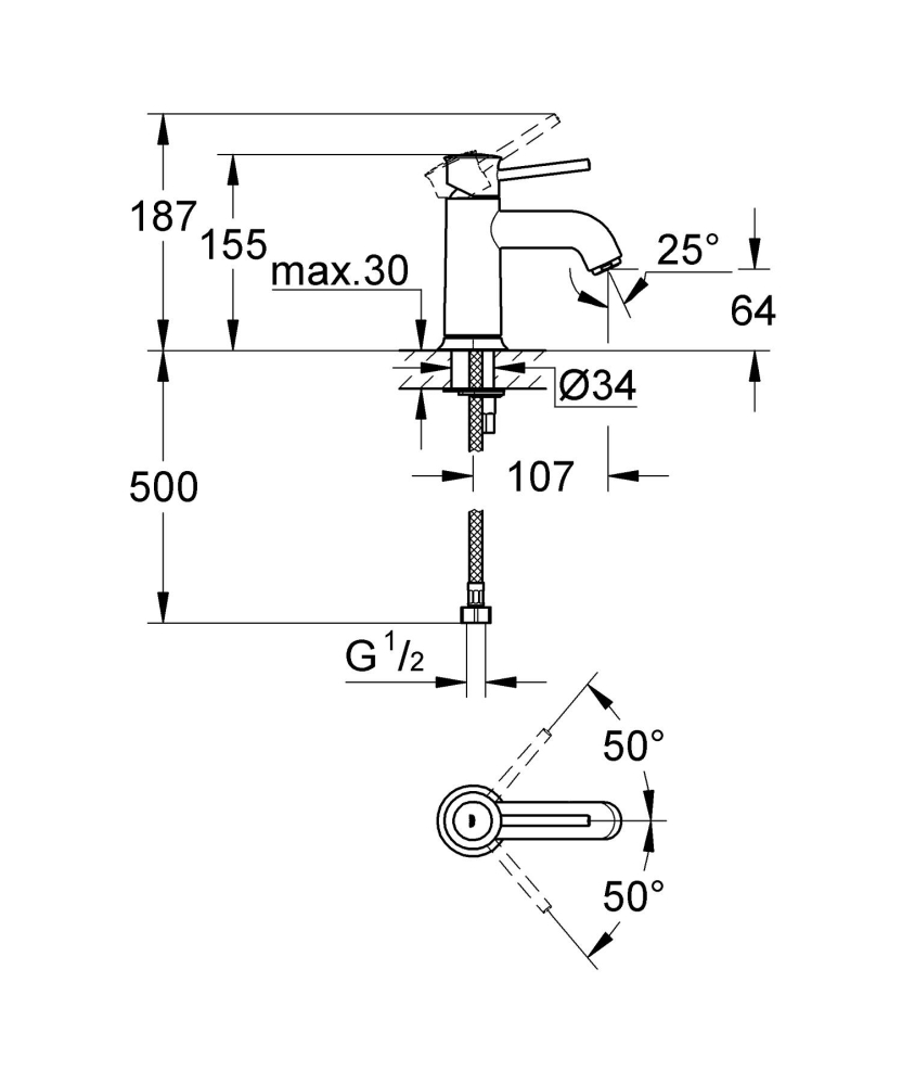 Baterie lavoar Grohe bauclassic corp neted, monocomanda, cartus ceramic, fara set evacuare, crom [3]
