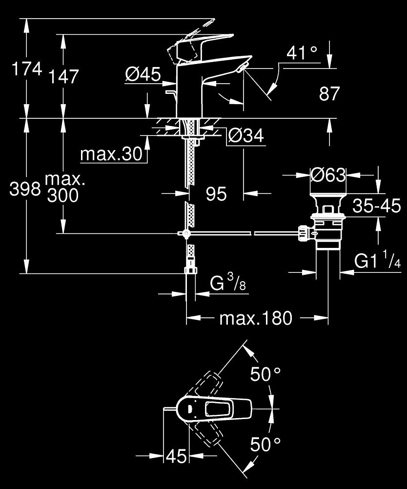 Baterie lavoar Grohe BauLoop S monocomanda 3/8'' cartus ceramic, set evacuare cu tija, crom [6]