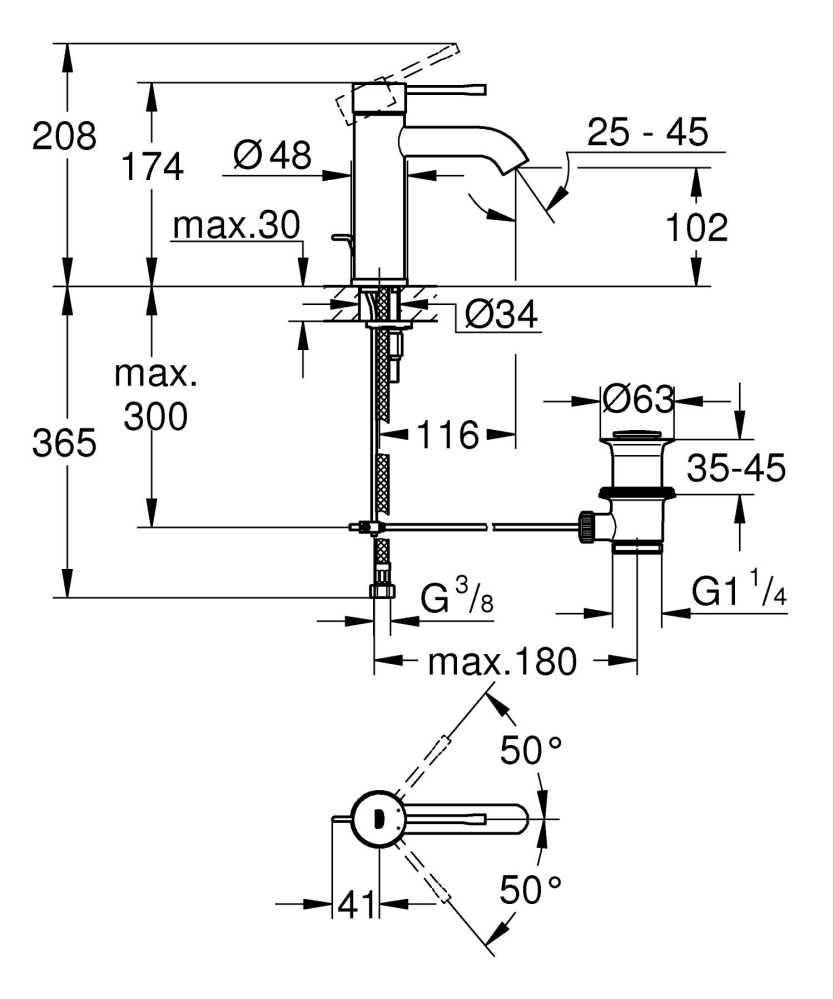 Baterie lavoar Grohe Essence 1/2", marime s, set evacuare, monocomanda, levier metalic, cartus ceramic, limitator temperatura, cupru mat [3]