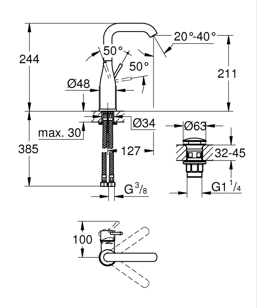 Baterie lavoar Grohe Essence New L monocomanda, cartus ceramic, evacuare cu apasare, pivotanta, crom [2]