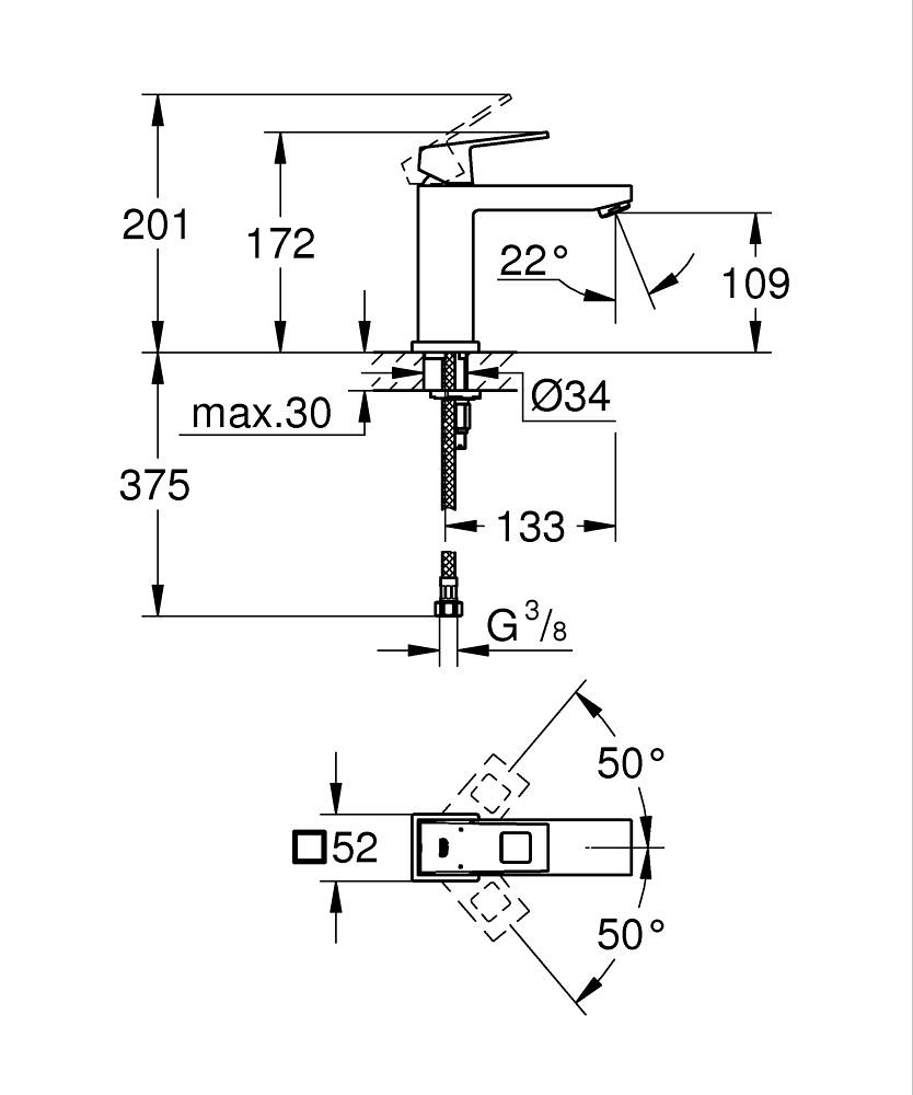 Baterie lavoar Grohe Eurocube M monocomanda, cartus ceramic, limitator, fara set evacuare, crom [3]