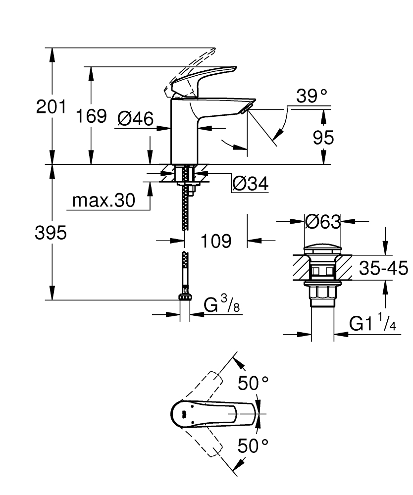 Baterie lavoar Grohe Eurosmart SilkMove S monocomanda, levier metalic, cartus ceramic, set evacuare cu apasare, negru [4]