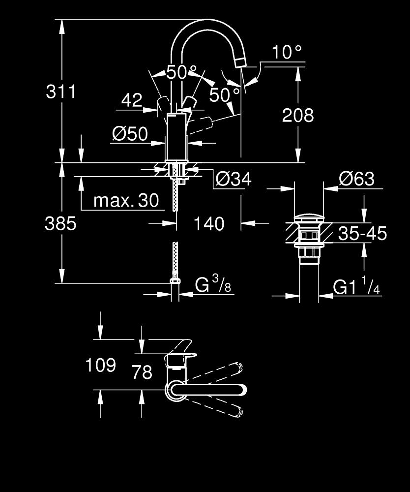 Baterie lavoar Grohe Eurosmart L monocomanda, cartus ceramic, pipa pivotanta, set evacuare cu apasare, crom [6]