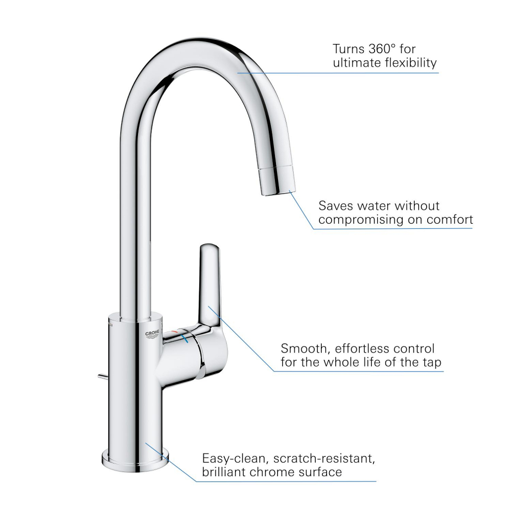 Baterie lavoar Grohe Start L monocomanda, cartus ceramic, pipa tip U, pivotanta, set evacuare, limitator temperatura, crom [7]