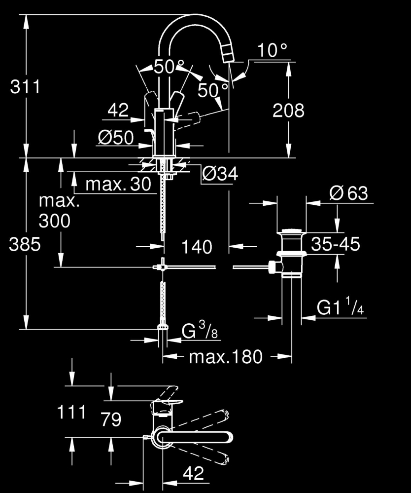 Baterie lavoar Grohe Start L monocomanda, cartus ceramic, pipa tip U, pivotanta, set evacuare, limitator temperatura, crom [4]
