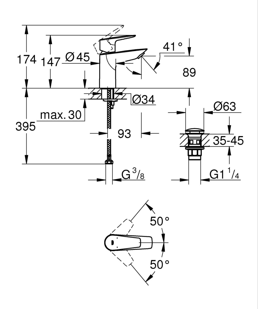 Baterie lavoar Grohe StartEdge S monocomanda, montare pe blat, cartus ceramic, evacuare cu apasare, negru mat [3]