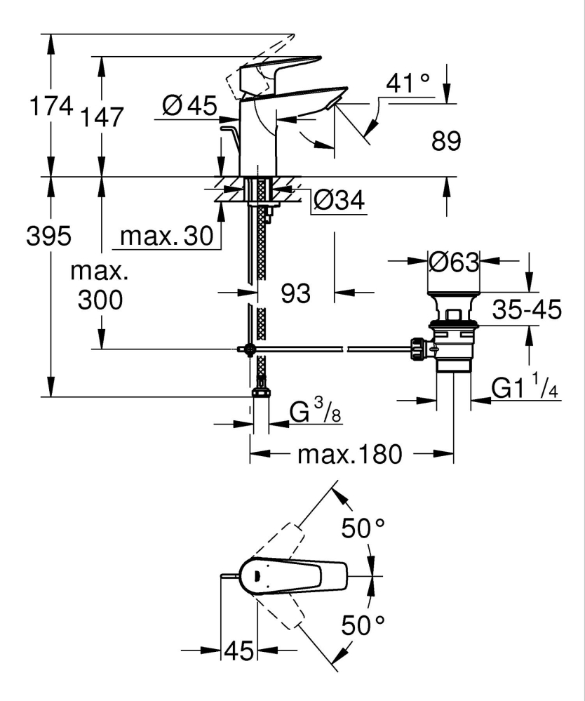 Baterie lavoar Grohe StartEdge S set de evacuare cu tija, cartus ceramic, levier metalic, limitator de temperatura, crom [4]