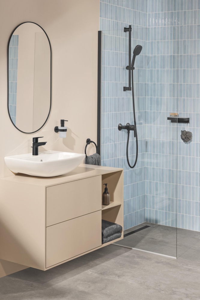 Baterie lavoar Grohe StartEdge S set de evacuare cu tija, cartus ceramic, levier metalic, limitator de temperatura, negru mat [9]