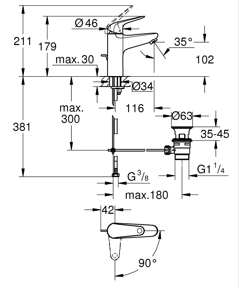 Baterie lavoar Grohe Swift M monocomanda, cartus ceramic, limitator temperatura, set evacuare cu tija, crom [5]