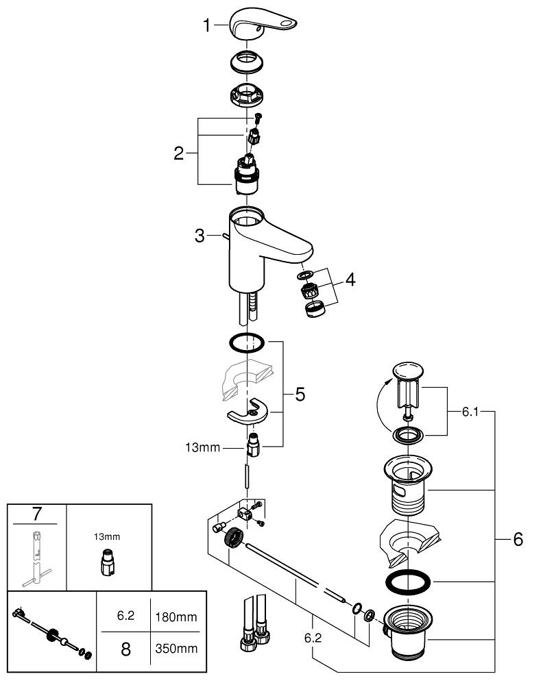 Baterie lavoar Grohe Swift S monocomanda, montare pe blat, set evacuare cu tija, cartus ceramic, limitator temperatura, crom [5]