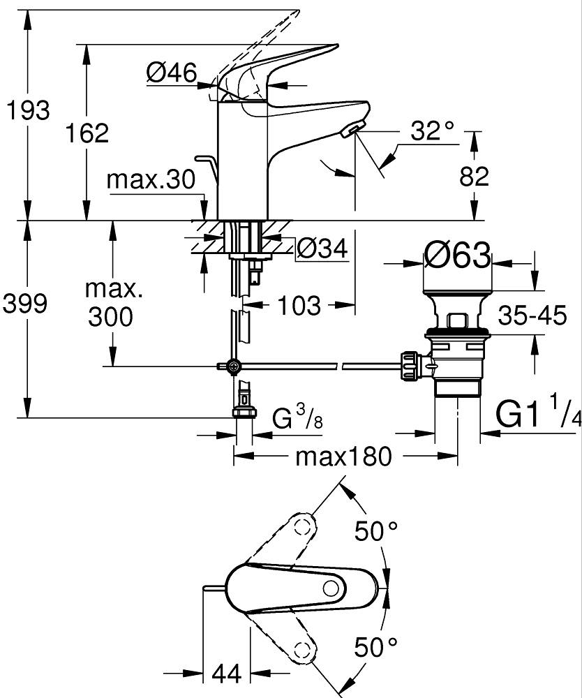 Baterie lavoar Grohe Swift S monocomanda, montare pe blat, set evacuare cu tija, cartus ceramic, limitator temperatura, crom [6]