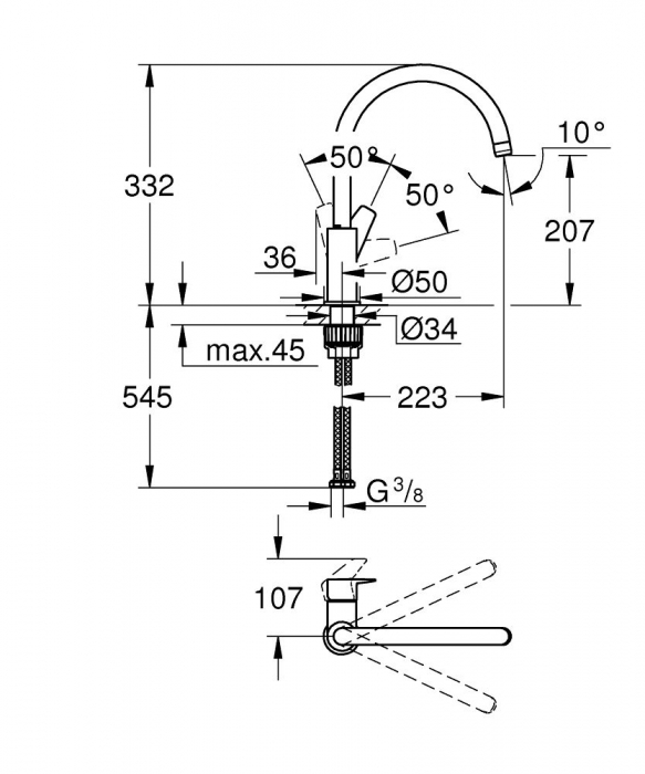 Baterie spalator pipa pivotanta furtunuri flexibile cromata Grohe Bau Edge [2]