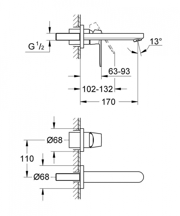 Baterie lavoar montaj pe perete cromata fara corp incastrat Grohe Eurosmart Cosmopolitan [2]