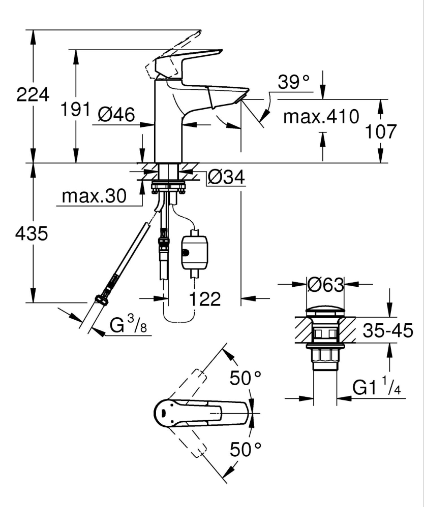 Baterie lavoar Grohe Start M dus extractabil, cartus ceramic, limitator de temperatura, limitator de debit, evacuare cu apasare, crom [4]