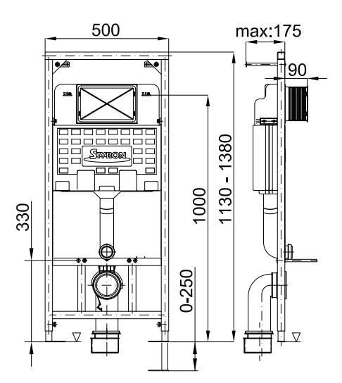 Rezervor WC, 1130 - 1380 x 500 x 175 mm, fix cu rama metalica, Styron Niagara [2]