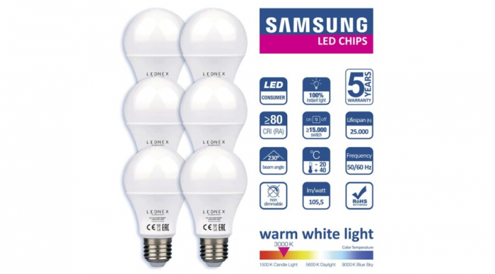 Set de 6 becuri led, E27, 10W, 3000K, A60, Lednex [3]
